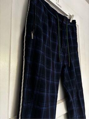 Topman Navy Plaid Joggers with White Side Stripe